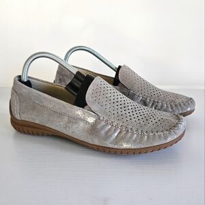 Gabor Perforated Metallic Silver Handmade Visone Women's Moccasin Loafers 9.5